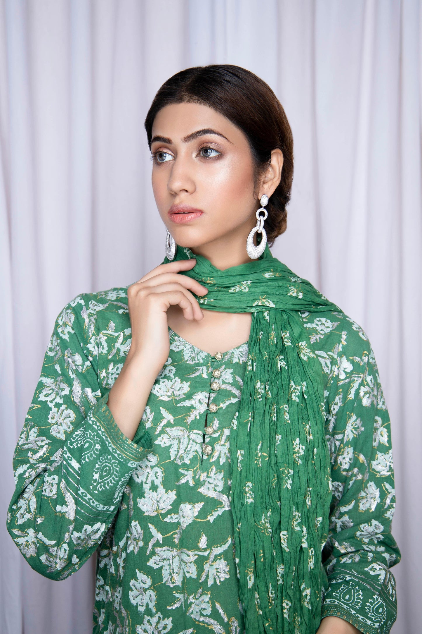 Make you own statement in this gold silver block printed on pretty green - Stitched Collection
