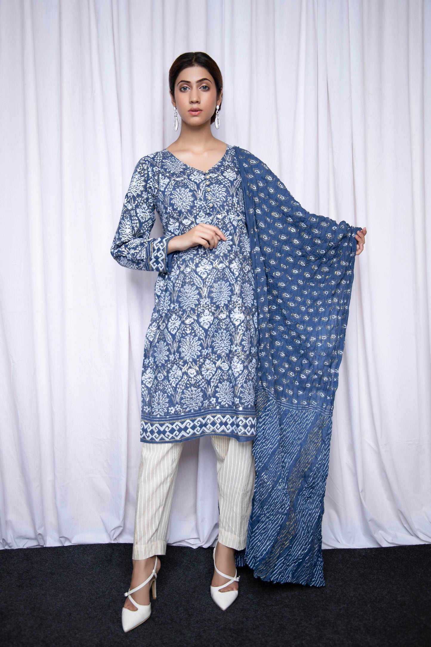 Dress to impress in this indigo blue with luxury gold silver blue printed Lilies Design - Stitched Collection