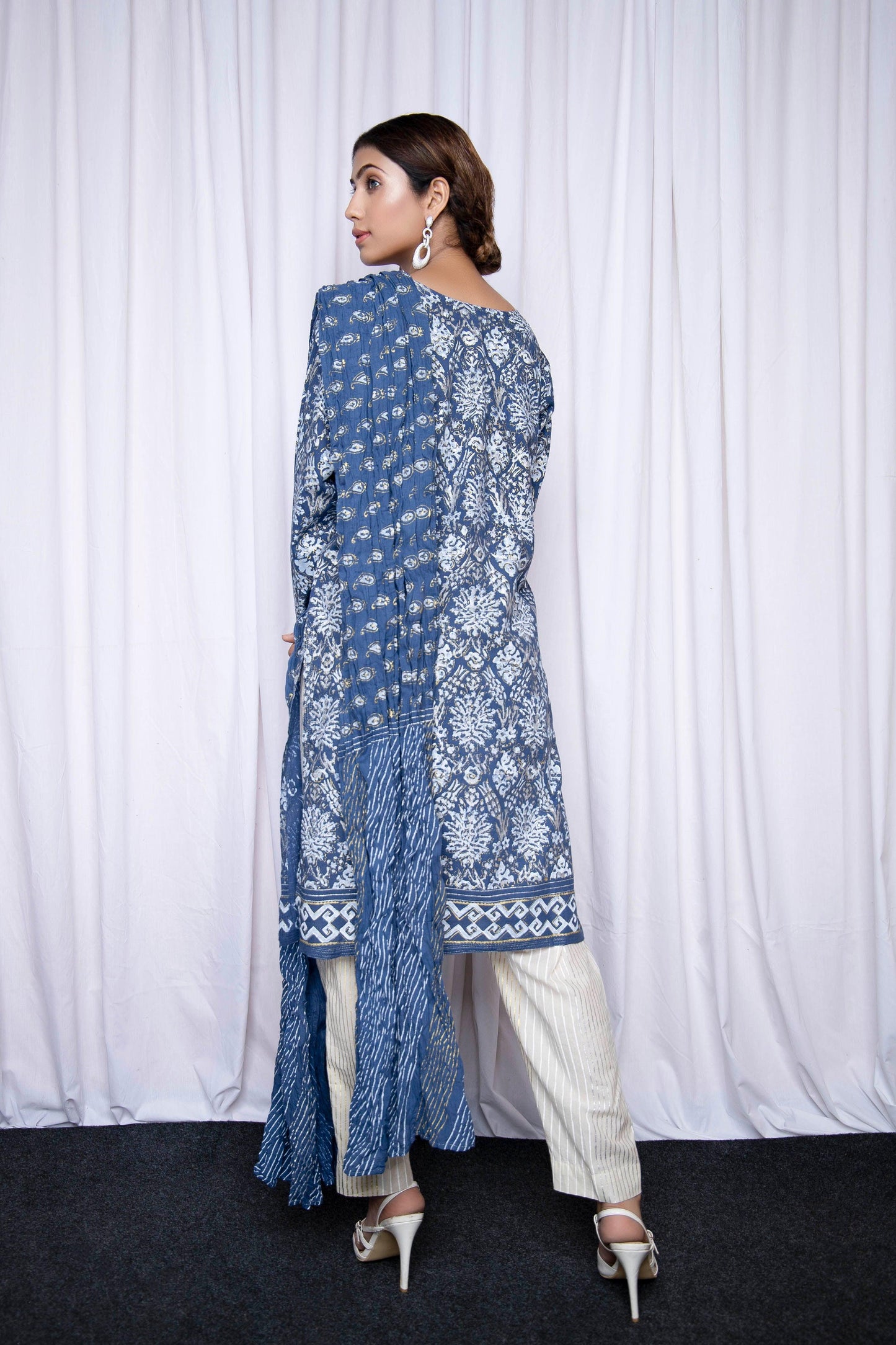 Dress to impress in this indigo blue with luxury gold silver blue printed Lilies Design - Stitched Collection