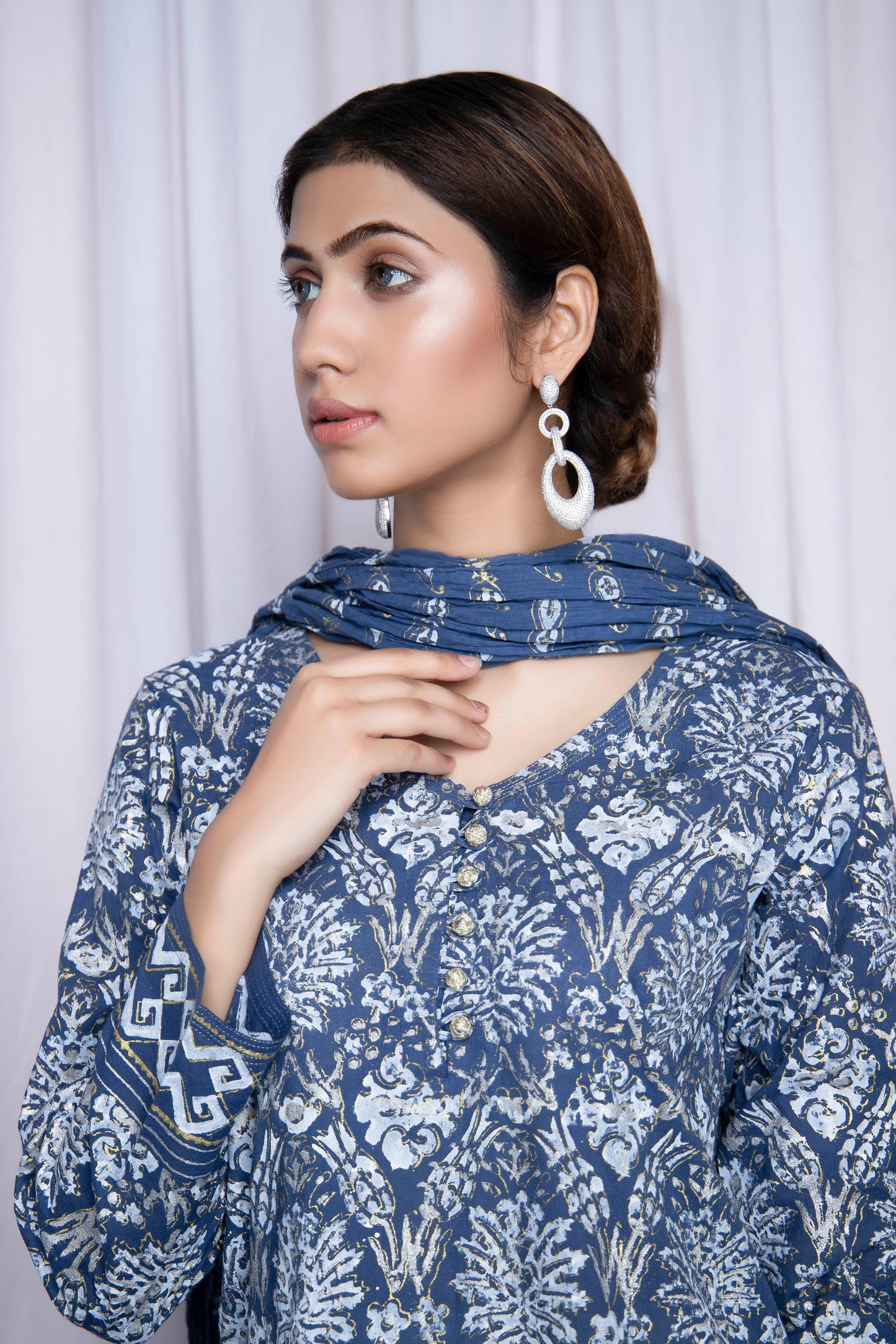 Dress to impress in this indigo blue with luxury gold silver blue printed Lilies Design - Stitched Collection