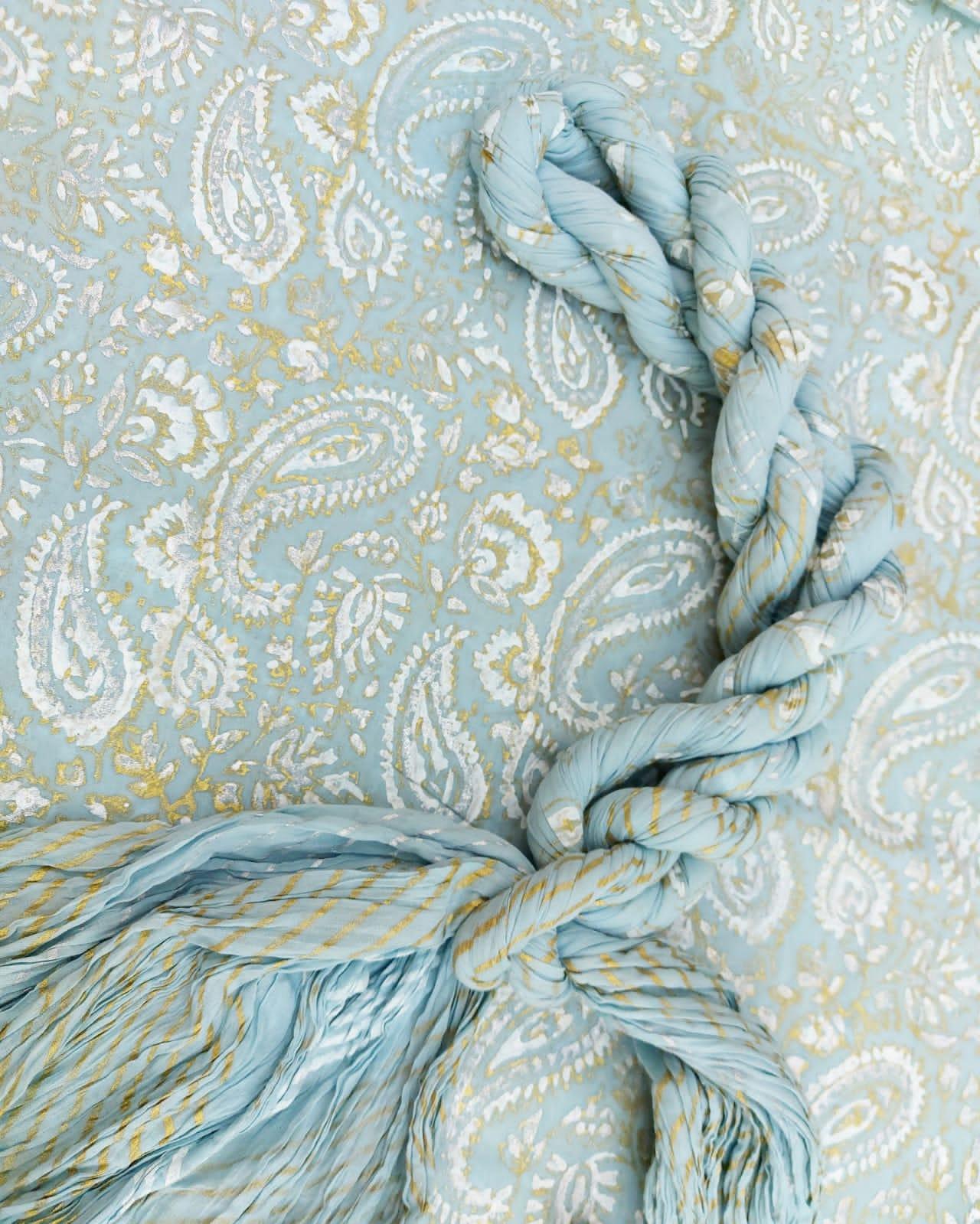 Sophisticated gold, silver, and white hand block printed Maryam Paisley Design - Unstitched Collection
